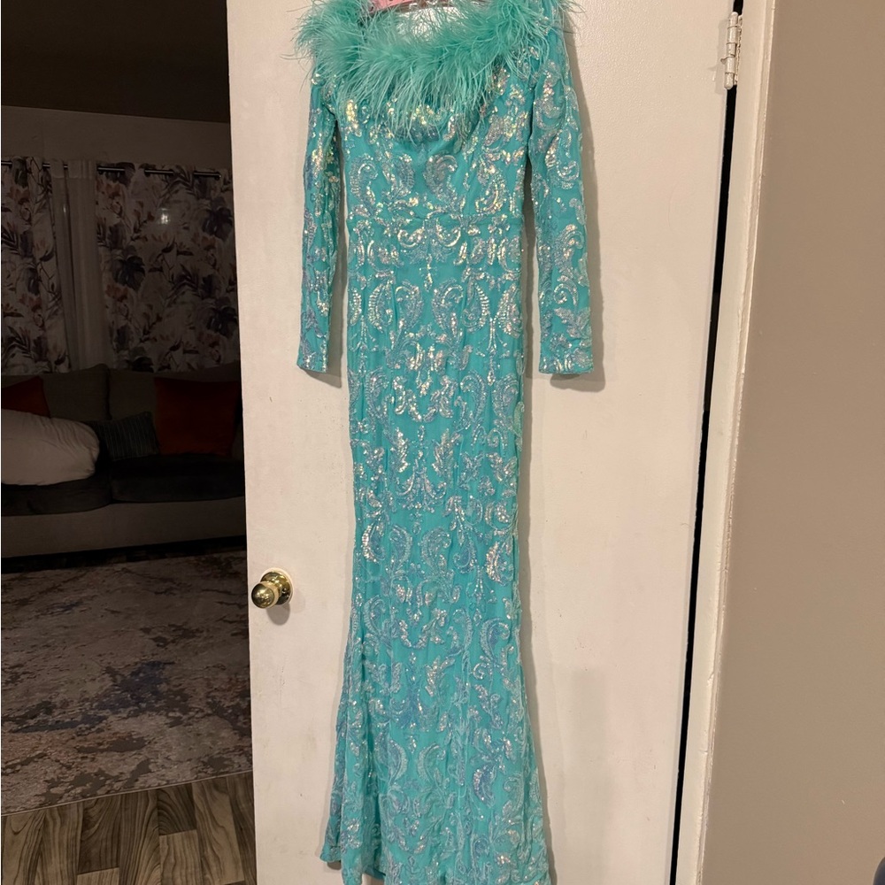 Faeriestry Elegant Gown with Feather Trim
